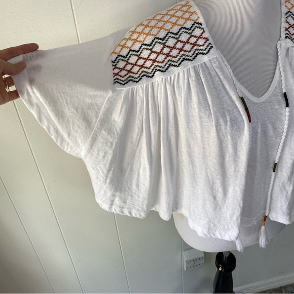 Free People Womens Market Embroidery Trim Tassel Tie V-Neck Tee White Size XS - Picture 5 of 14